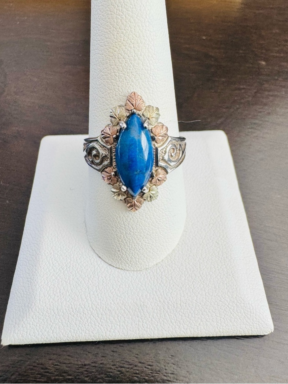 VTG Sterling Silver and 12K Rose Gold Lapis Ring Black Hills Gold Leaf Accents - Picture 2 of 6